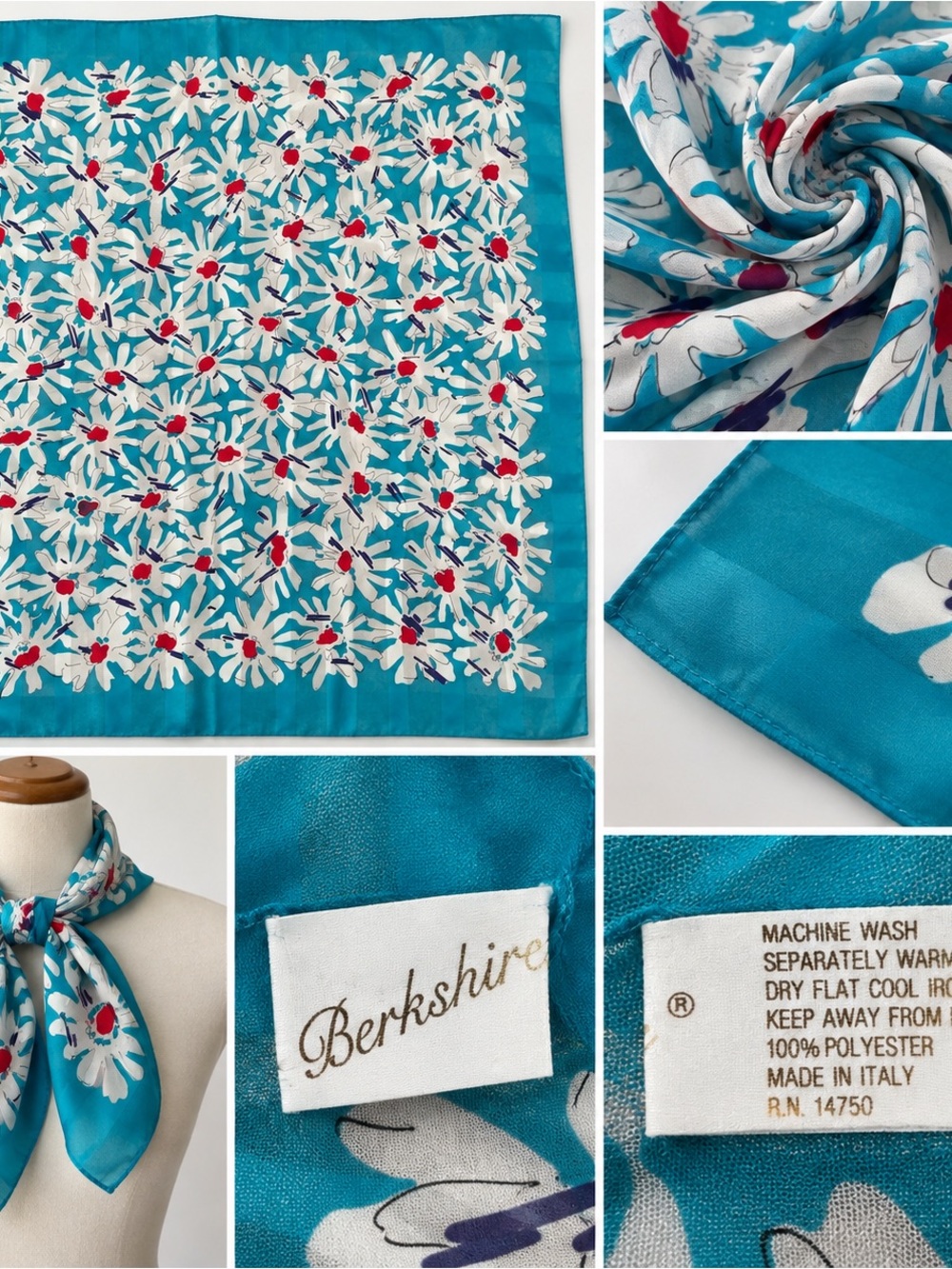 Berkshire Teal Floral Daisy Print Scarf with White and Red Accents